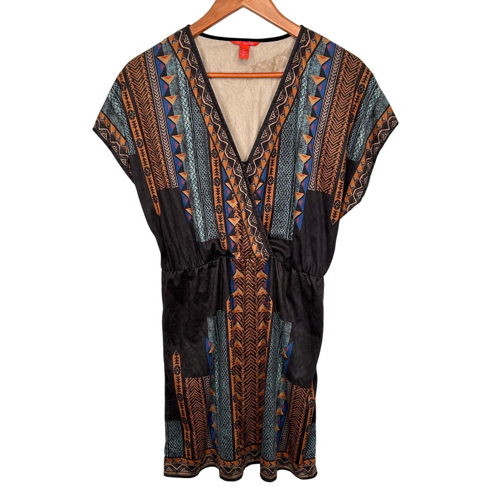 Chelsea & Violet Aztec Print V-Neck Dress Elastic Waist Brushed Fabric Women's M